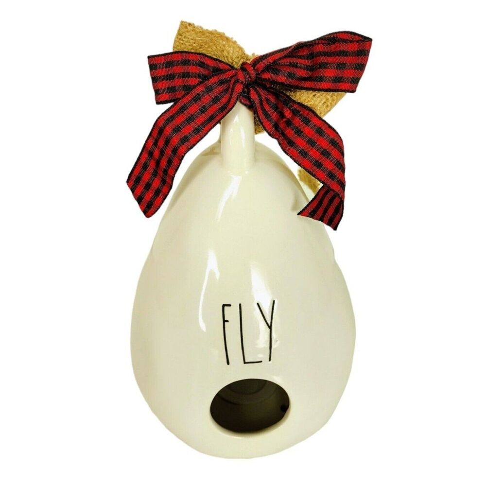 Farmhouse Rae Dunn Ceramic Garden Birdhouse "Fly" Droplet Outdoor Stand Hanging